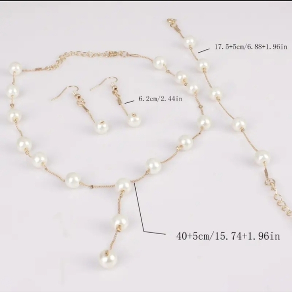 NWT Faux Pearl Jewelry Set Long Pendant Necklace, Drop Hook Earrings & Bracelet - Picture 4 of 6